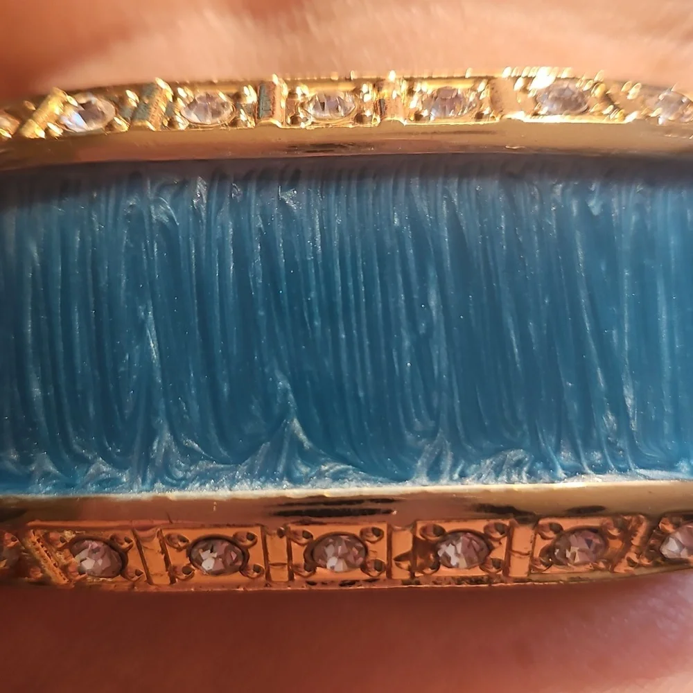 Gold Tone Square Hinged Bangle Bracelet Blue Enamel Band With Rhinestones